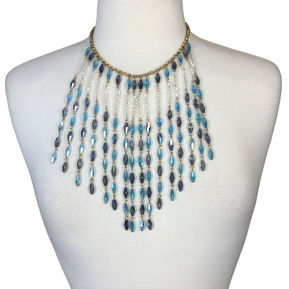 Charming Charlie Acrylic Bicone Blue Clear Dangling Waterfall Bib Necklace - Picture 1 of 4